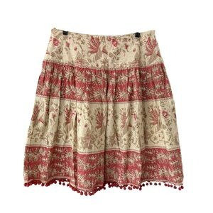 Boho Floral Block Print Pom Pom Trim Mini Skirt Cream Beige Red Women's Skirt